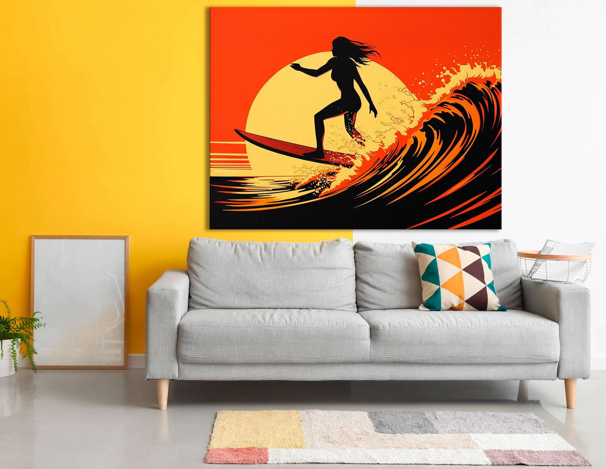 Girl on Surfboard in Light Yellow and Red - Canvas Print - Artoholica Ready to Hang Canvas Print