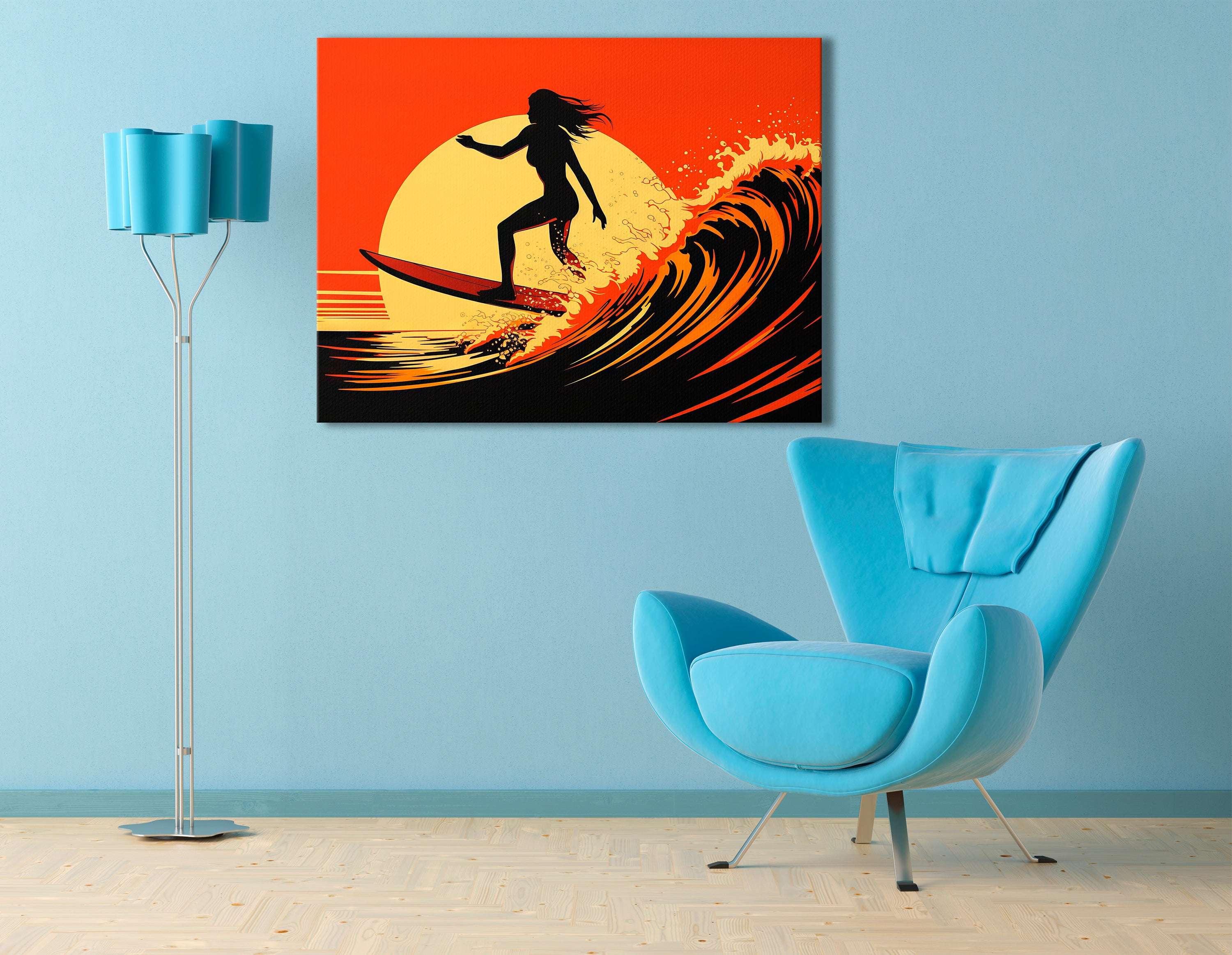 Girl on Surfboard in Light Yellow and Red - Canvas Print - Artoholica Ready to Hang Canvas Print