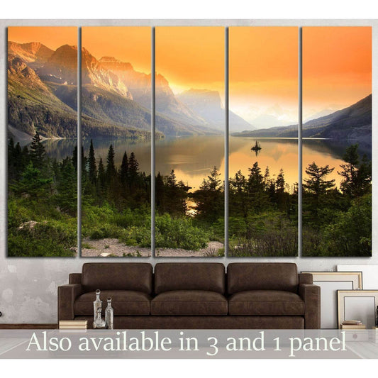 Panoramic Lake Sunset Multi-Canvas for Peaceful Office EnvironmentsThis multi-panel canvas print captures the tranquil beauty of a mountain lake at sunset, with the golden sky reflecting in the still water. The segmented presentation adds a contemporary e