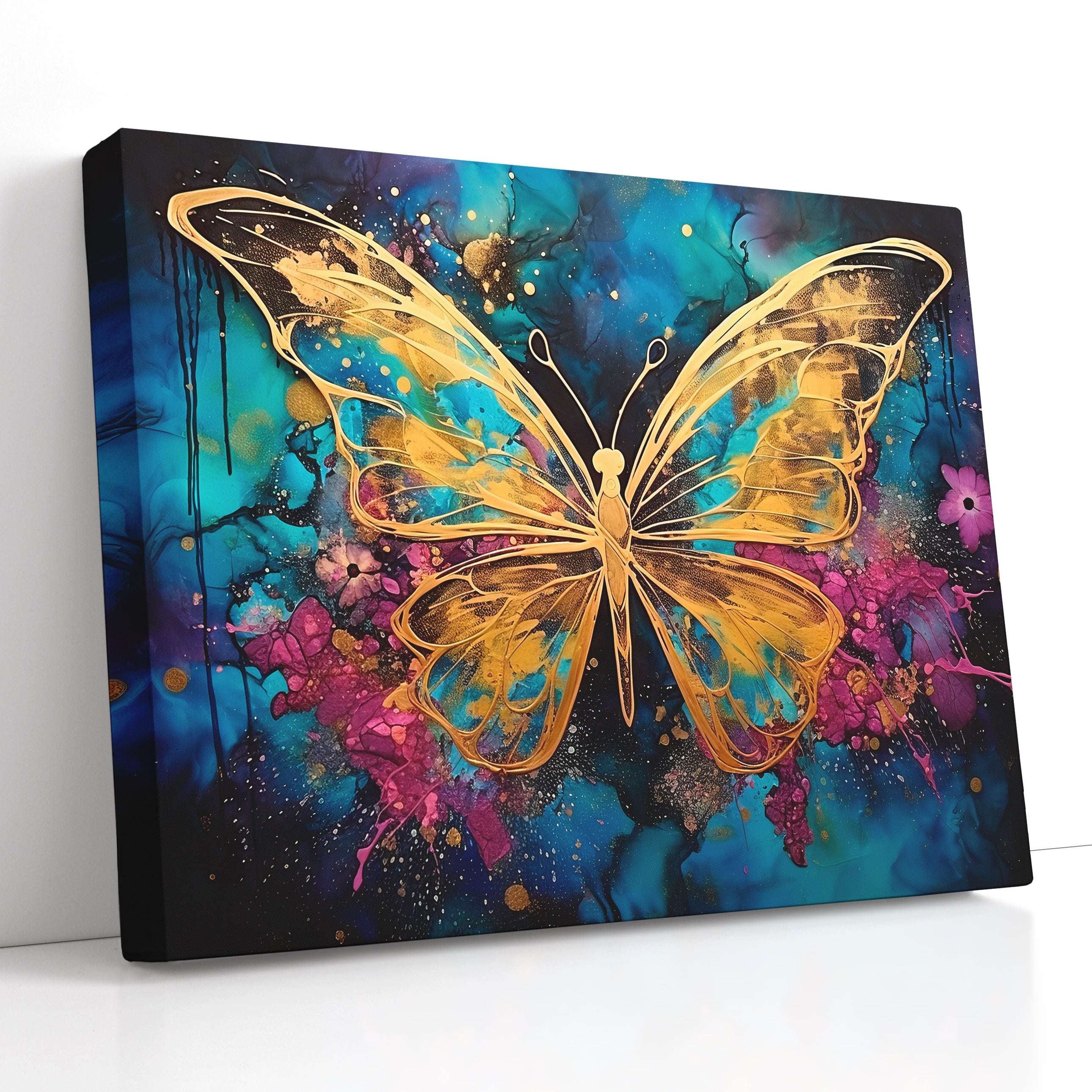 Gold Butterfly on Dark Sky-Blue and Magenta - Canvas Print - Artoholica Ready to Hang Canvas Print