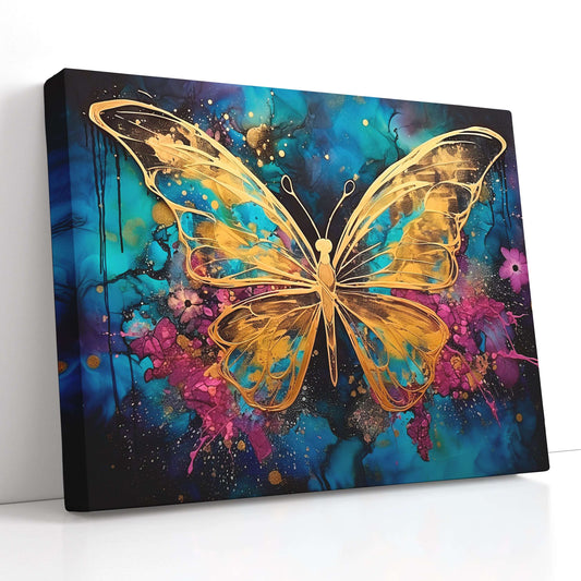 Gold Butterfly on Dark Sky-Blue and Magenta - Canvas Print - Artoholica Ready to Hang Canvas Print