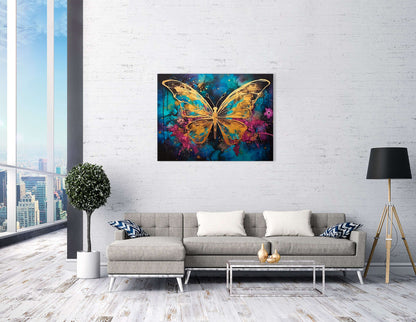 Gold Butterfly on Dark Sky-Blue and Magenta - Canvas Print - Artoholica Ready to Hang Canvas Print