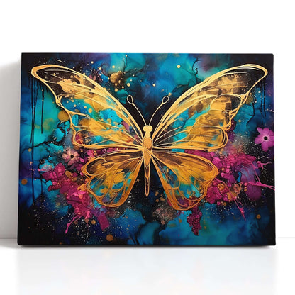 Gold Butterfly on Dark Sky-Blue and Magenta - Canvas Print - Artoholica Ready to Hang Canvas Print