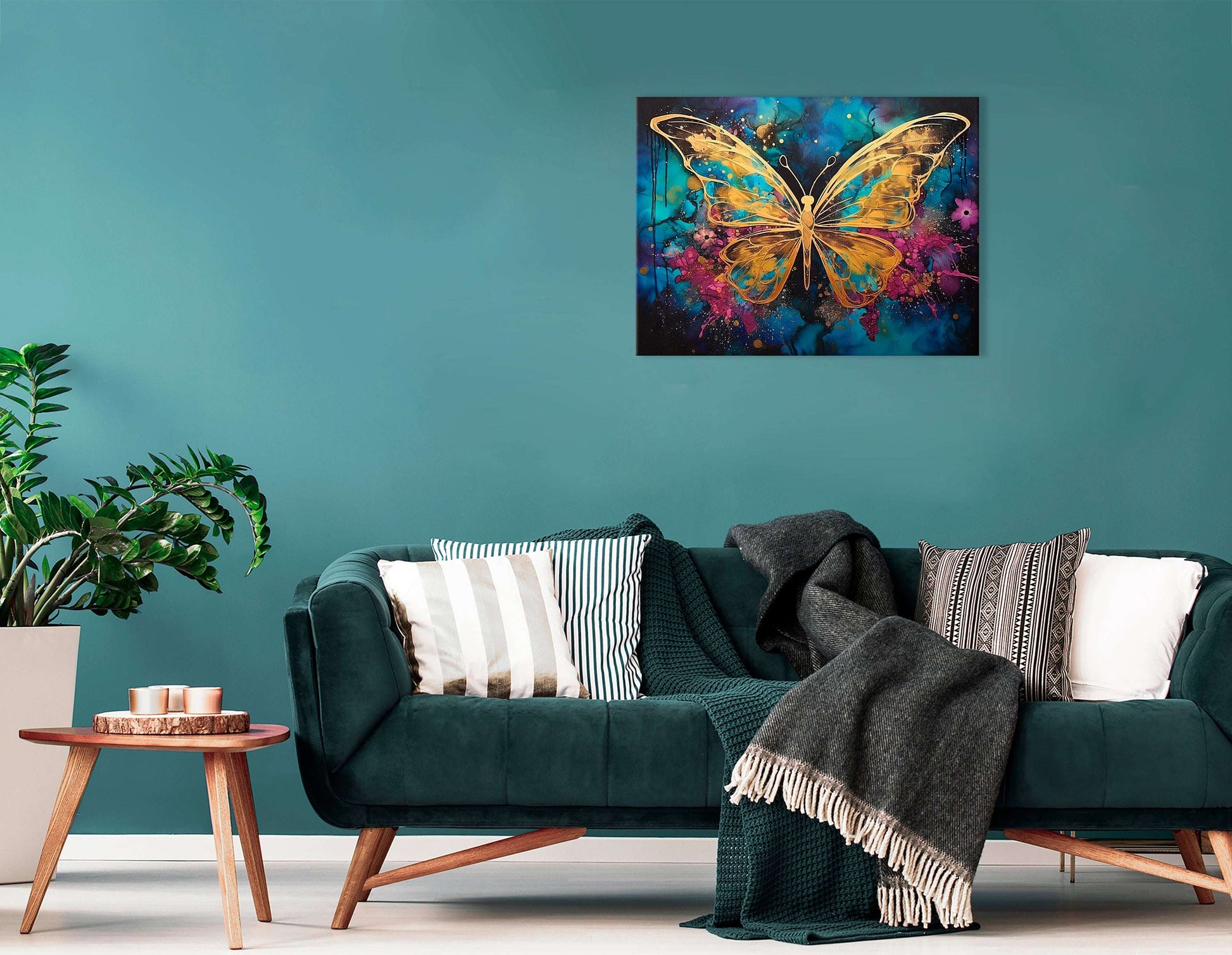 Gold Butterfly on Dark Sky-Blue and Magenta - Canvas Print - Artoholica Ready to Hang Canvas Print