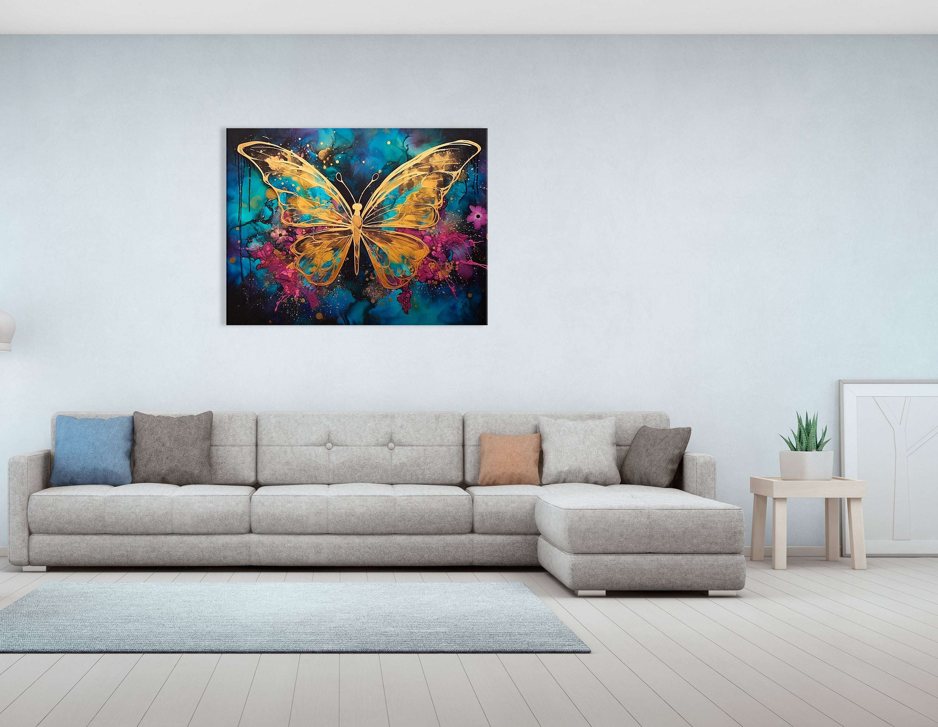 Gold Butterfly on Dark Sky-Blue and Magenta - Canvas Print - Artoholica Ready to Hang Canvas Print