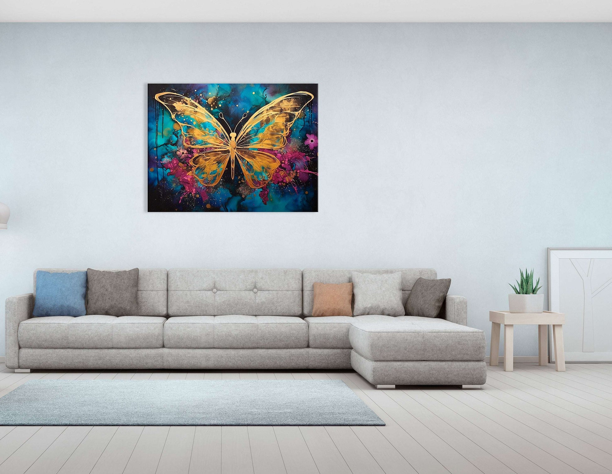 Gold Butterfly on Dark Sky-Blue and Magenta - Canvas Print - Artoholica Ready to Hang Canvas Print