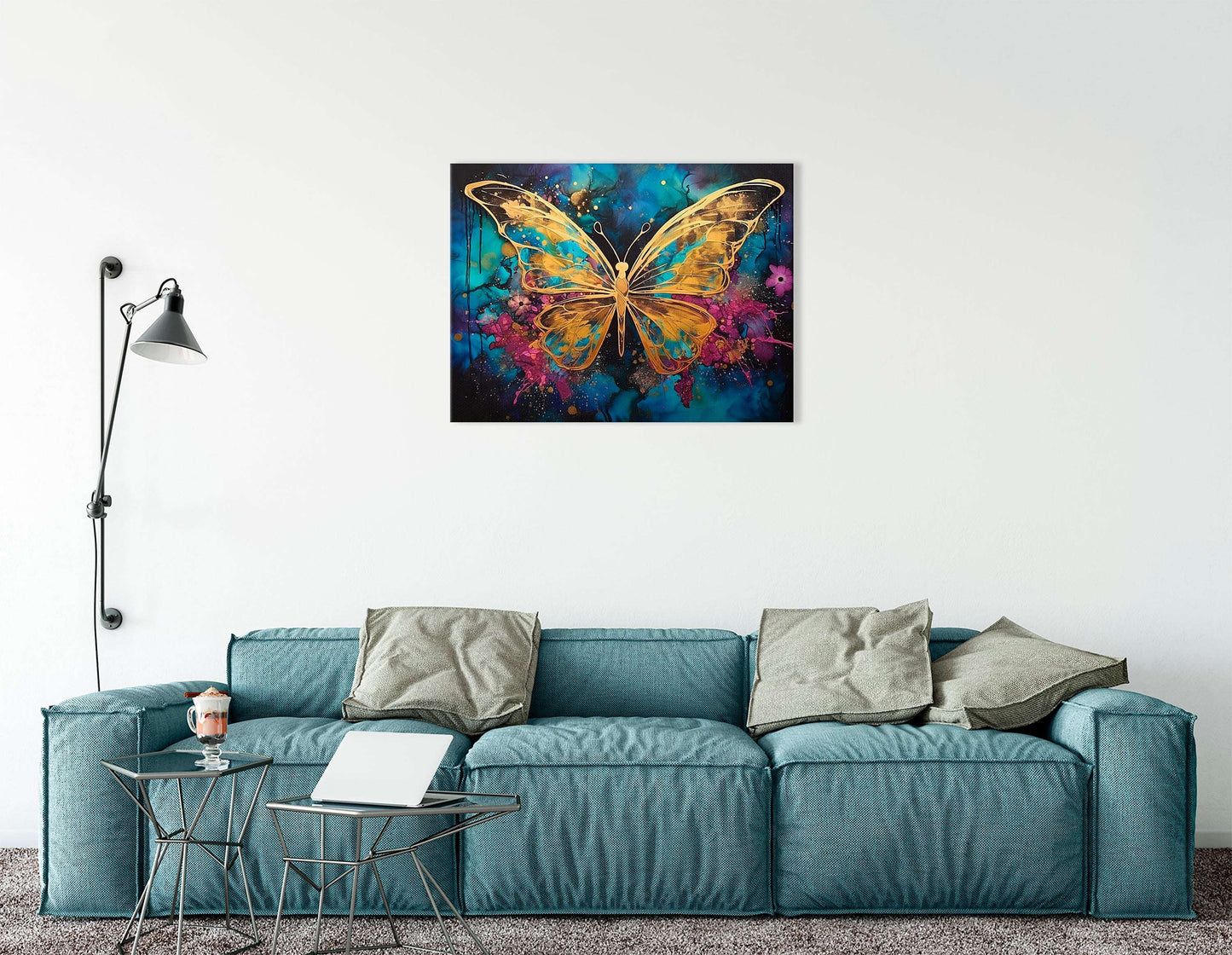 Gold Butterfly on Dark Sky-Blue and Magenta - Canvas Print - Artoholica Ready to Hang Canvas Print