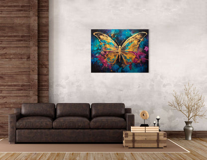 Gold Butterfly on Dark Sky-Blue and Magenta - Canvas Print - Artoholica Ready to Hang Canvas Print