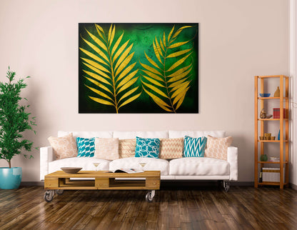 Gold Tropical Palm Leaves on Green - Canvas Print - Artoholica Ready to Hang Canvas Print