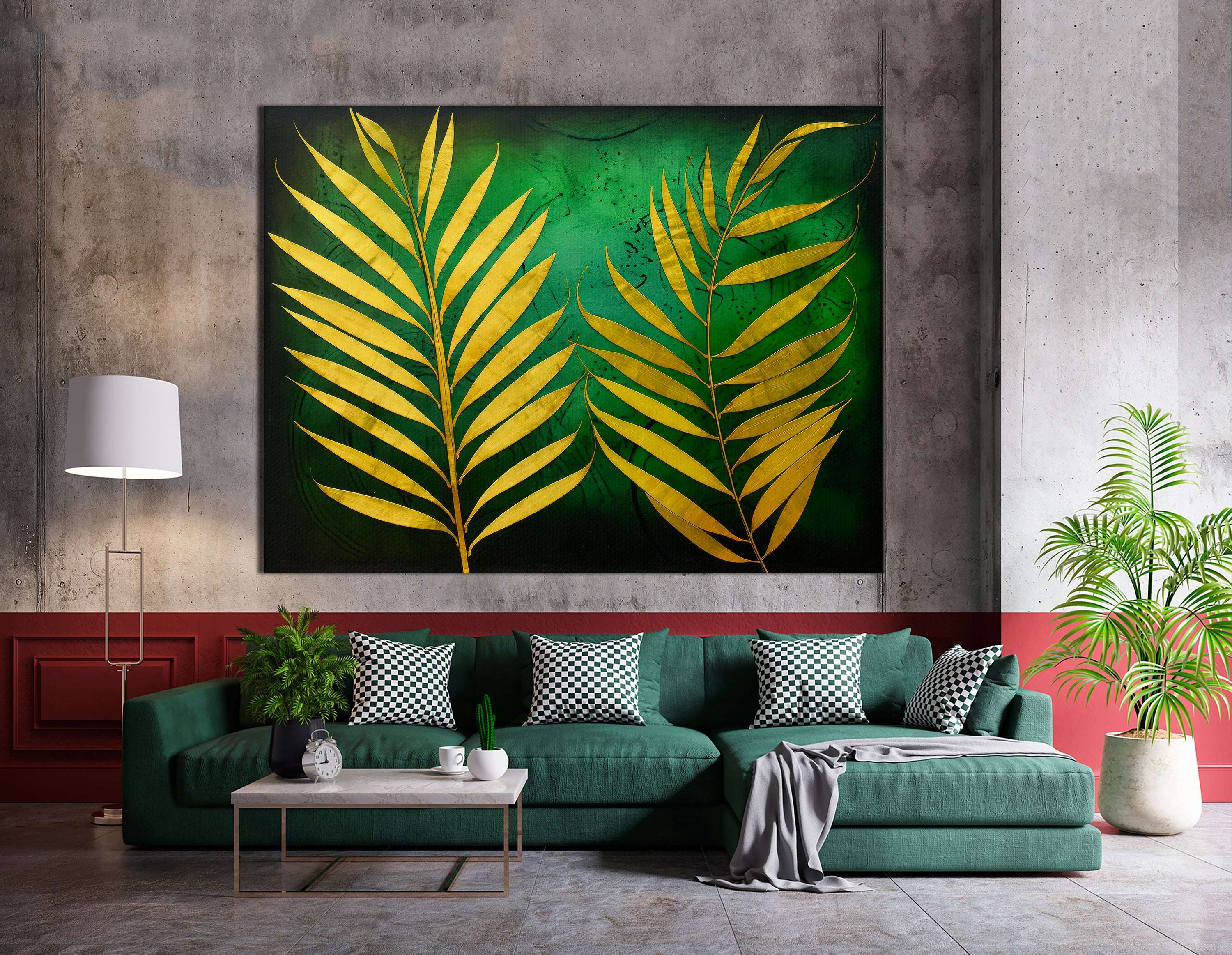 Gold Tropical Palm Leaves on Green - Canvas Print - Artoholica Ready to Hang Canvas Print