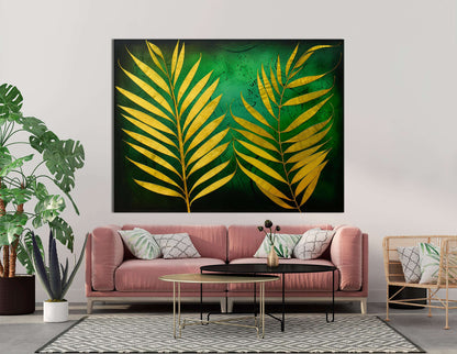 Gold Tropical Palm Leaves on Green - Canvas Print - Artoholica Ready to Hang Canvas Print