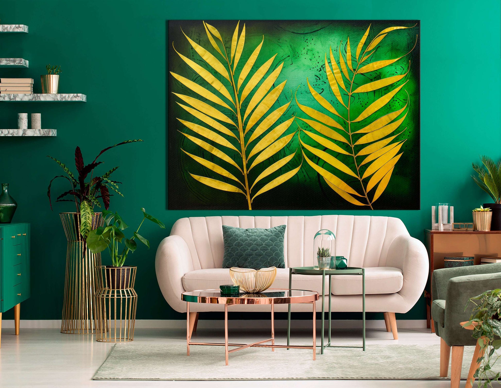 Gold Tropical Palm Leaves on Green - Canvas Print - Artoholica Ready to Hang Canvas Print