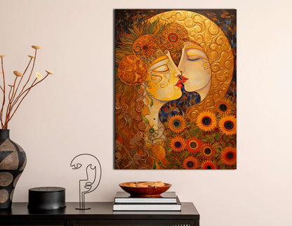 Golden Hues Portrait of Woman Kissing Moon - Canvas Print - Artoholica Ready to Hang Canvas Print