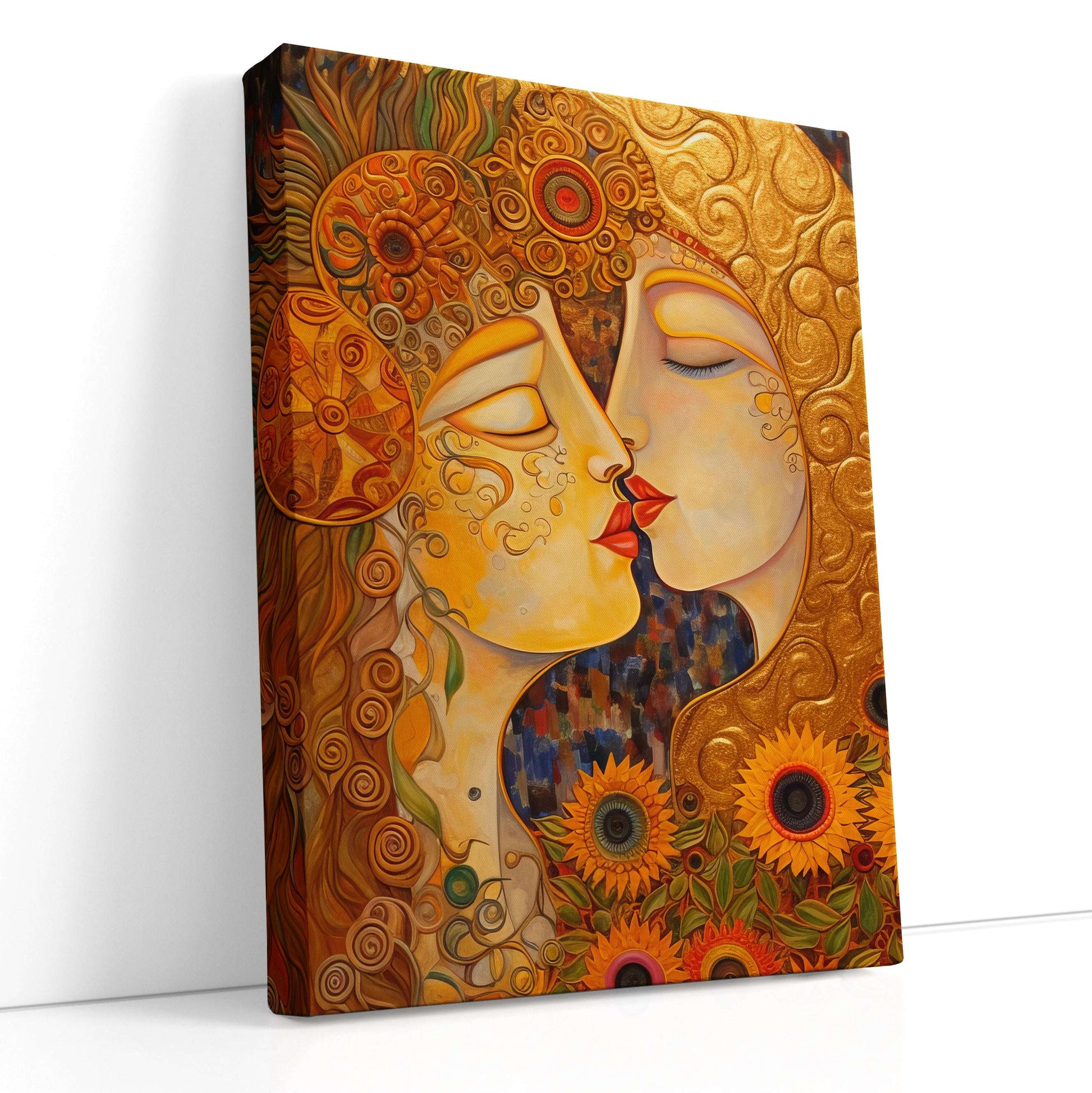 Golden Hues Portrait of Woman Kissing Moon - Canvas Print - Artoholica Ready to Hang Canvas Print