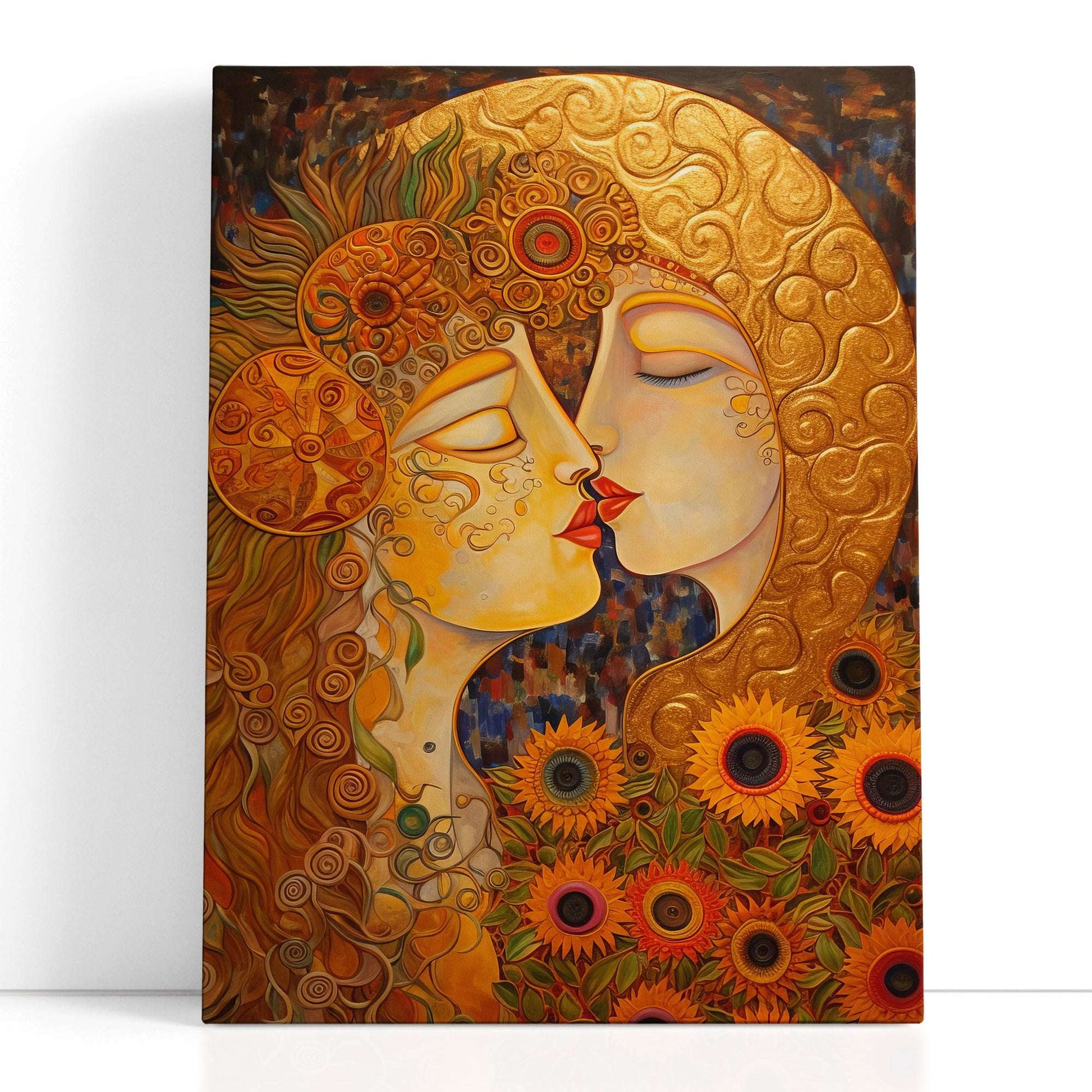 Golden Hues Portrait of Woman Kissing Moon - Canvas Print - Artoholica Ready to Hang Canvas Print