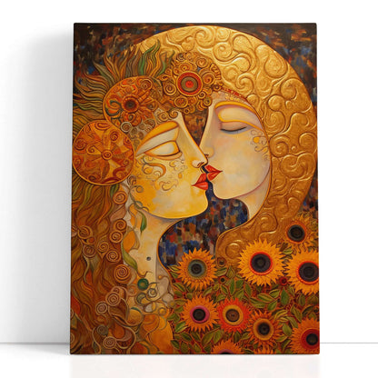 Golden Hues Portrait of Woman Kissing Moon - Canvas Print - Artoholica Ready to Hang Canvas Print