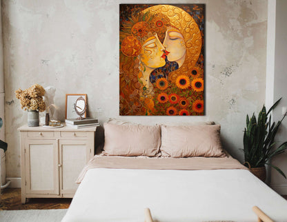 Golden Hues Portrait of Woman Kissing Moon - Canvas Print - Artoholica Ready to Hang Canvas Print