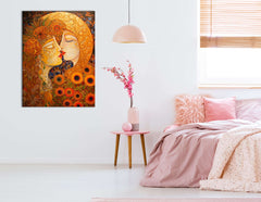 Golden Hues Portrait of Woman Kissing Moon - Canvas Print - Artoholica Ready to Hang Canvas Print