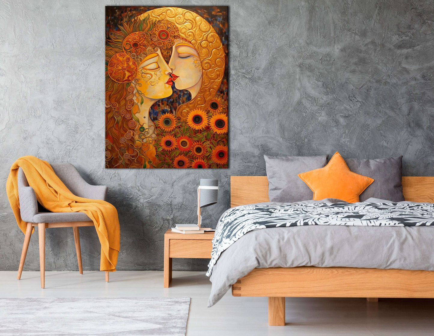 Golden Hues Portrait of Woman Kissing Moon - Canvas Print - Artoholica Ready to Hang Canvas Print