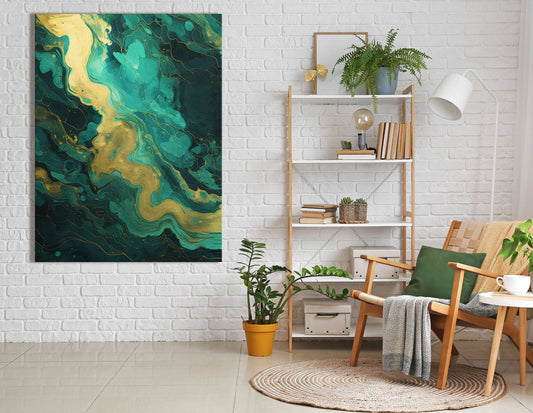 Golden Waves on Turquoise Background - Canvas Print - Artoholica Ready to Hang Canvas Print