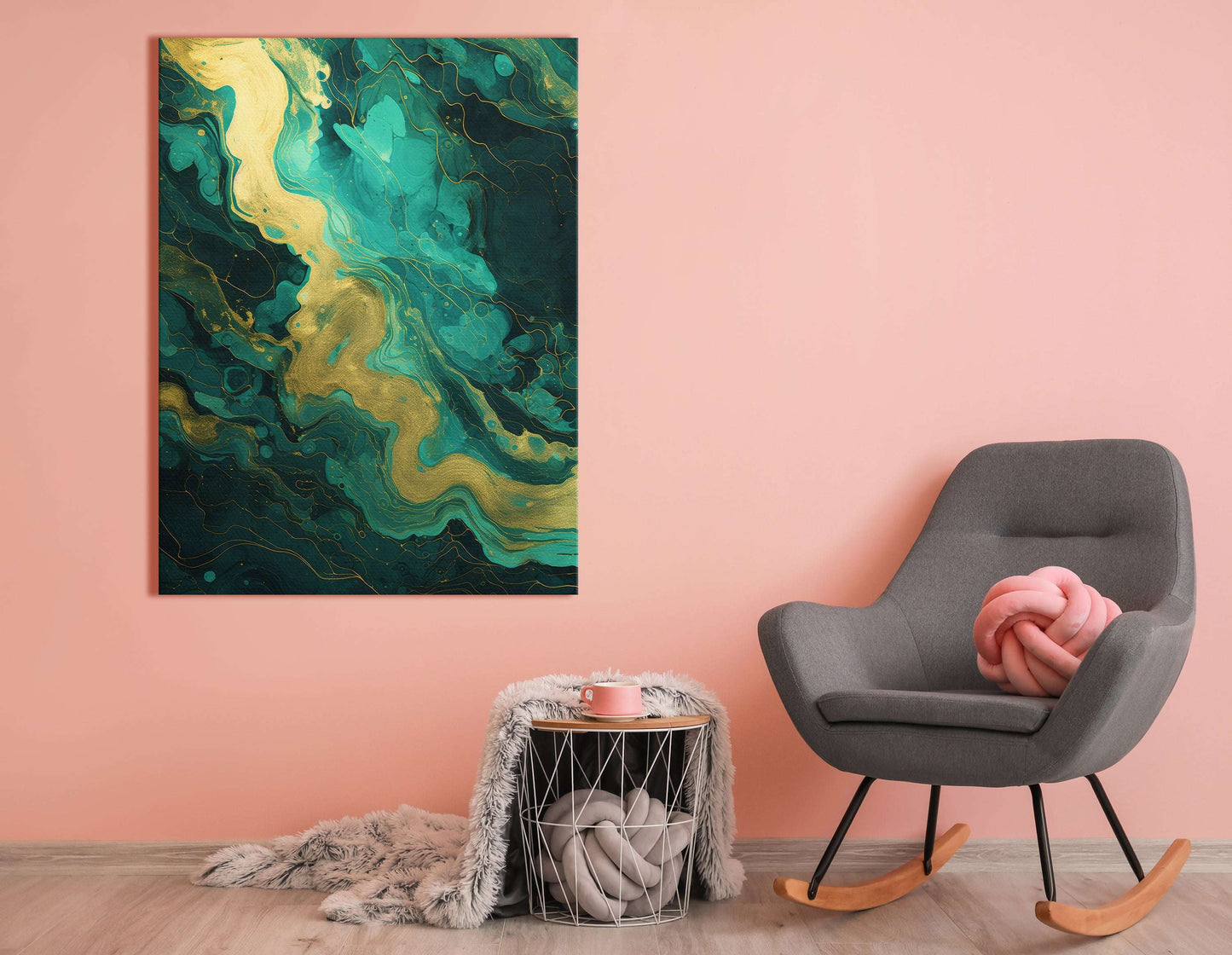 Golden Waves on Turquoise Background - Canvas Print - Artoholica Ready to Hang Canvas Print