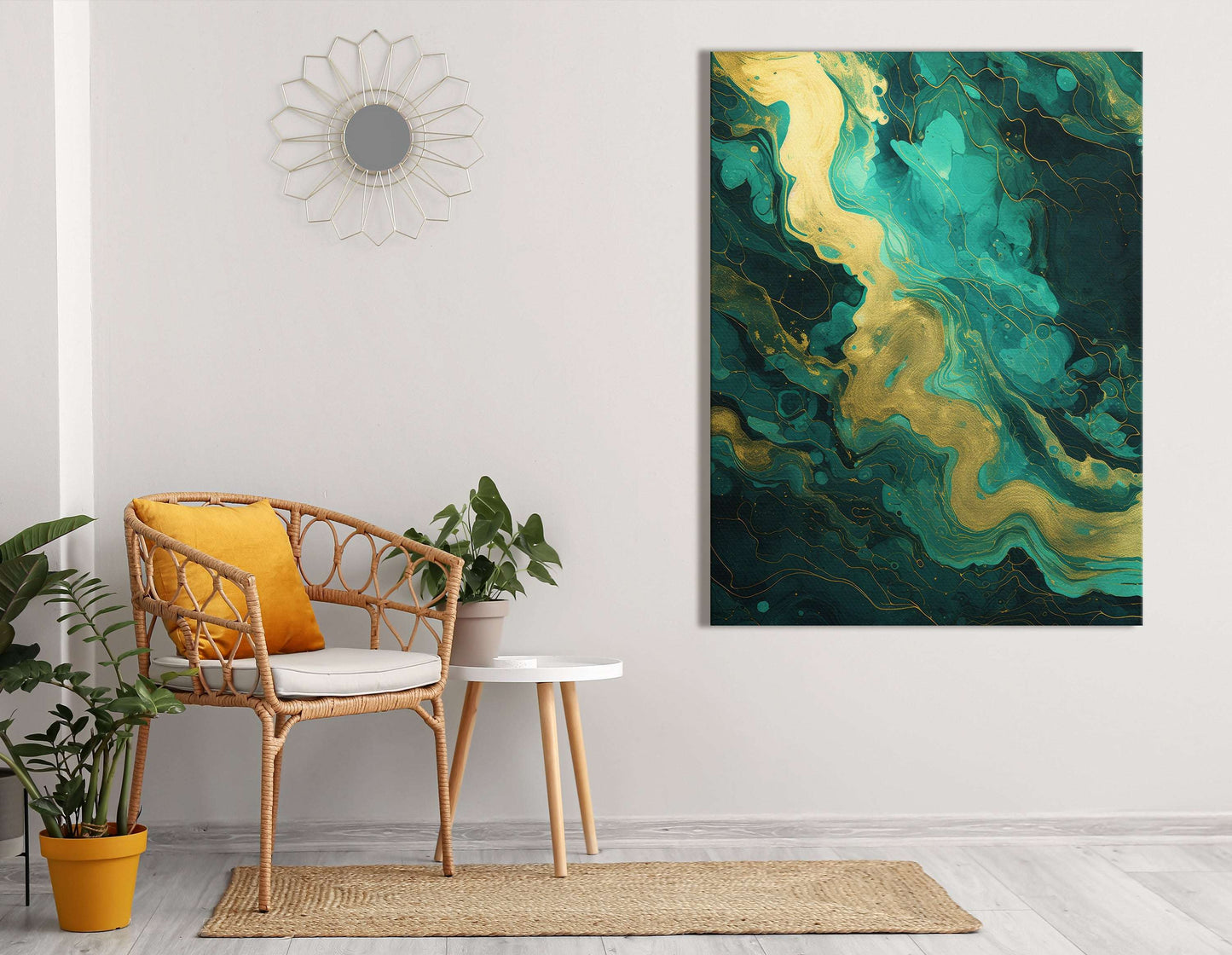 Golden Waves on Turquoise Background - Canvas Print - Artoholica Ready to Hang Canvas Print