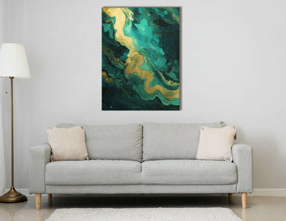 Golden Waves on Turquoise Background - Canvas Print - Artoholica Ready to Hang Canvas Print