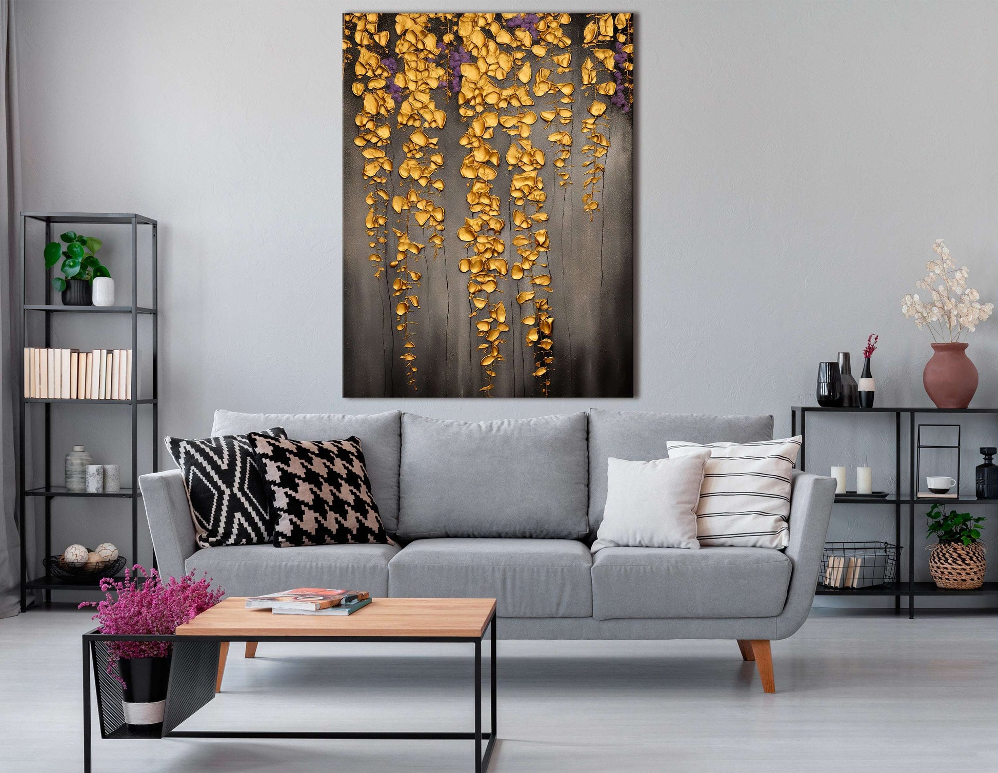 Golden Wisteria on Dark Gray - Canvas Print - Artoholica Ready to Hang Canvas Print