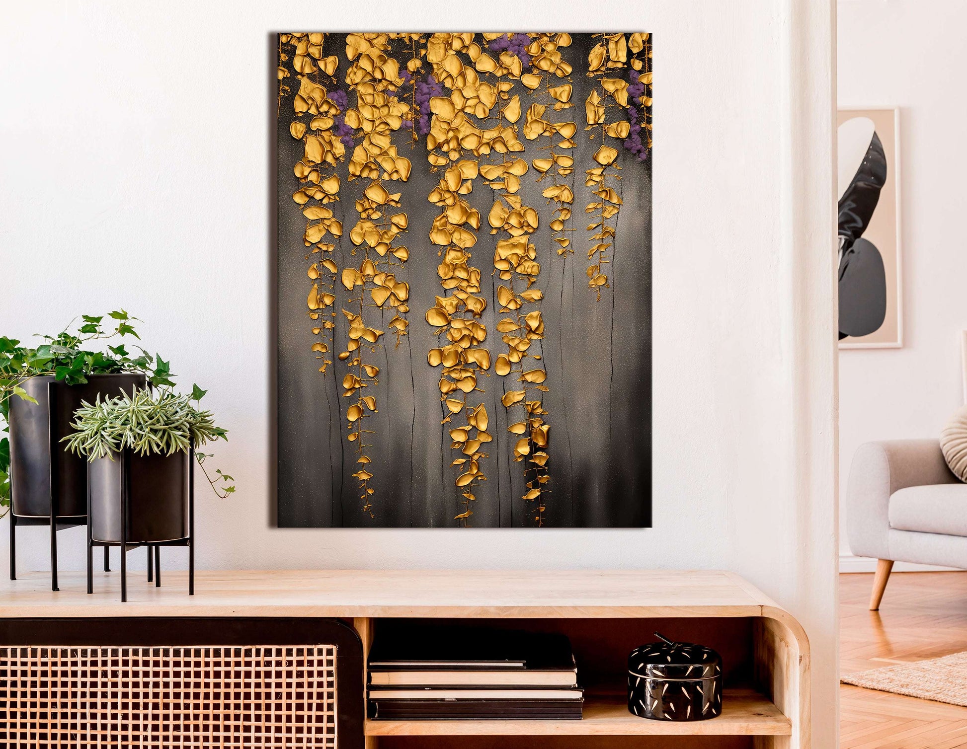 Golden Wisteria on Dark Gray - Canvas Print - Artoholica Ready to Hang Canvas Print