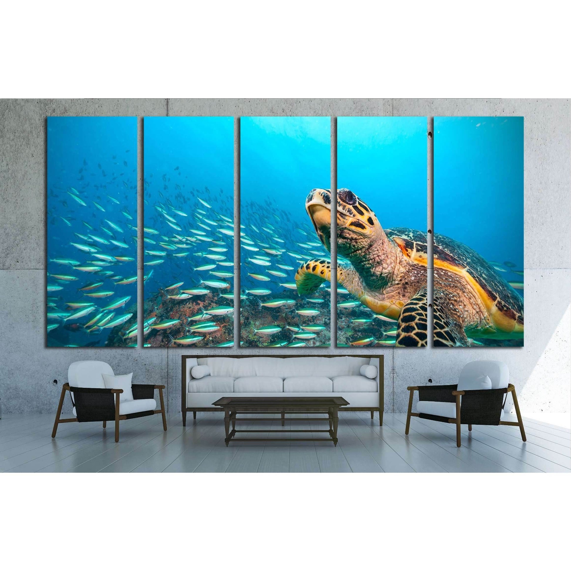 Hawksbill Sea Turtle flowing in Indian ocean, flock of fish on background №2366 Ready to Hang Canvas PrintCanvas art arrives ready to hang, with hanging accessories included and no additional framing required. Every canvas print is hand-crafted, made on-d