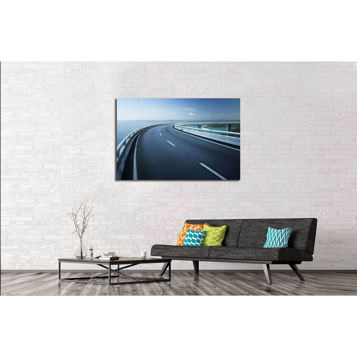 Highway overpass motion blur with coast skyline background №3284 Ready to Hang Canvas PrintCanvas art arrives ready to hang, with hanging accessories included and no additional framing required. Every canvas print is hand-crafted, made on-demand at our wo