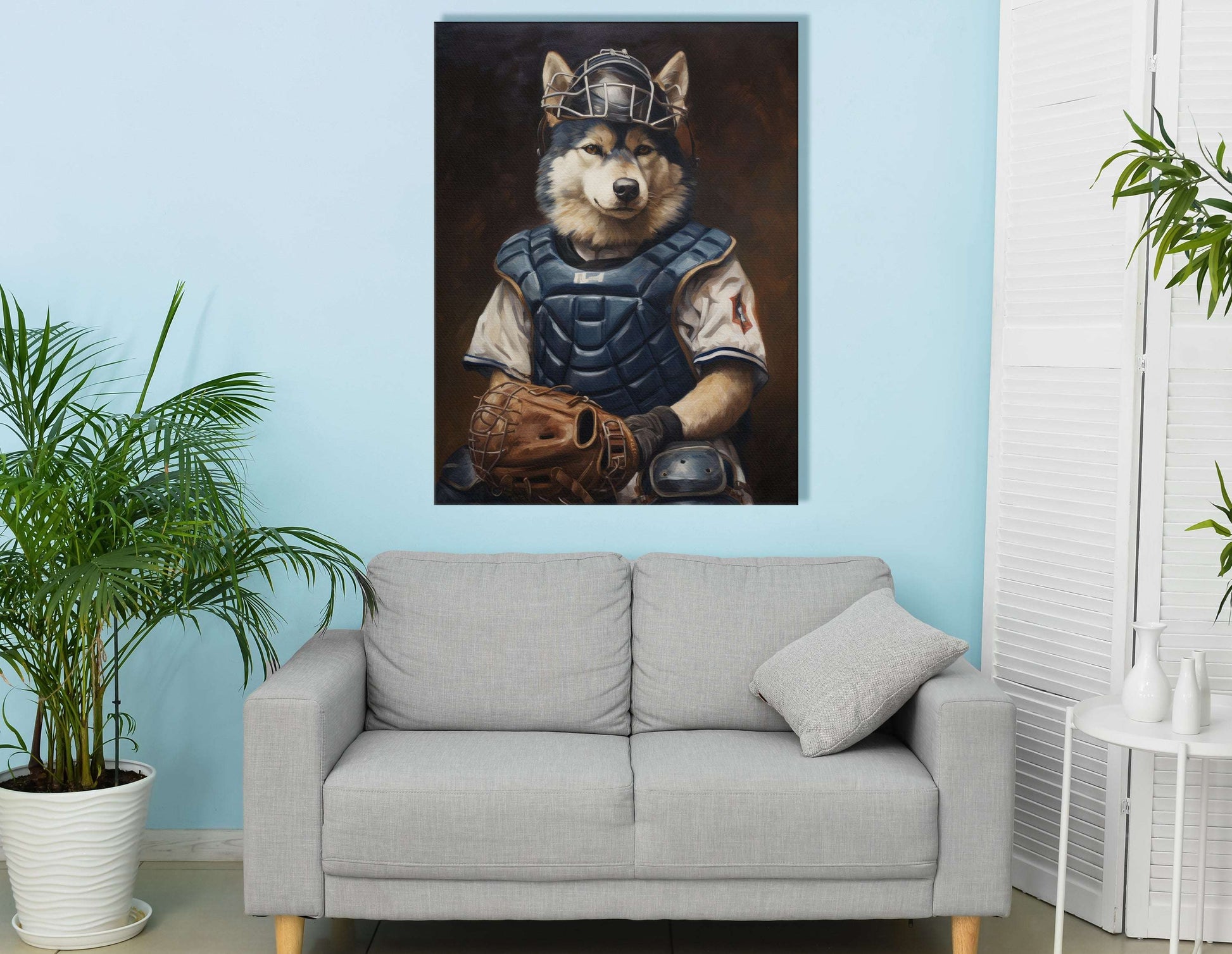 Husky Catcher in Baseball Gear - Canvas Print - Artoholica Ready to Hang Canvas Print