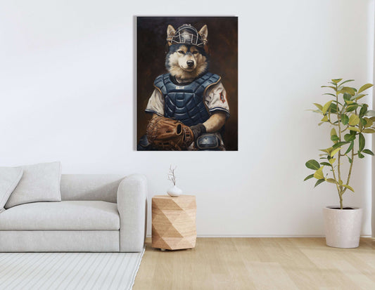 Husky Catcher in Baseball Gear - Canvas Print - Artoholica Ready to Hang Canvas Print