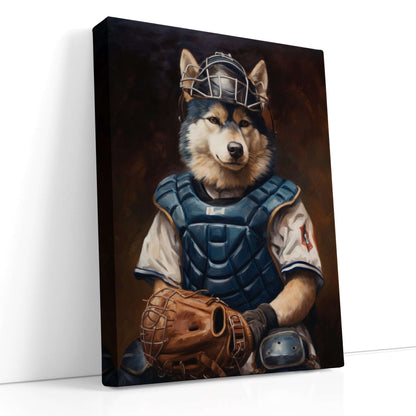 Husky Catcher in Baseball Gear - Canvas Print - Artoholica Ready to Hang Canvas Print