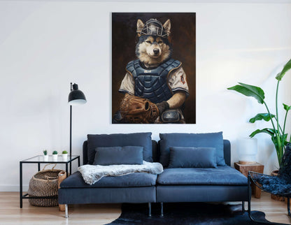 Husky Catcher in Baseball Gear - Canvas Print - Artoholica Ready to Hang Canvas Print