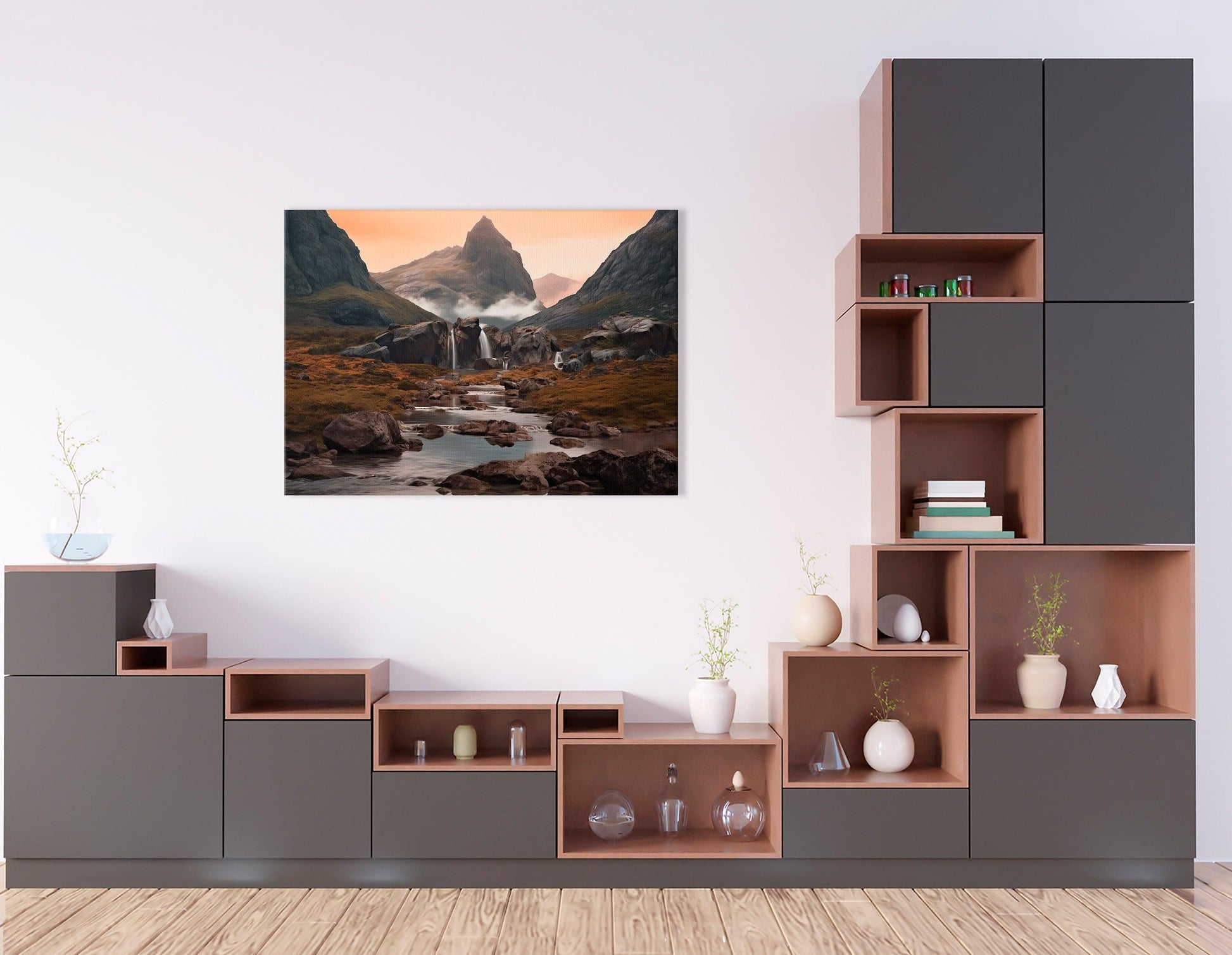 Iceland Landscape with Mountains and Waterfall - Canvas Print - Artoholica Ready to Hang Canvas Print