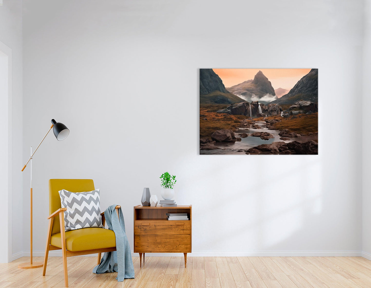 Iceland Landscape with Mountains and Waterfall - Canvas Print - Artoholica Ready to Hang Canvas Print