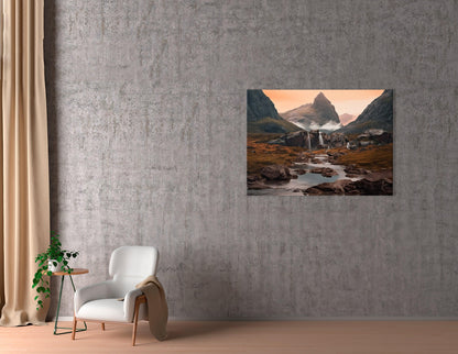 Iceland Landscape with Mountains and Waterfall - Canvas Print - Artoholica Ready to Hang Canvas Print