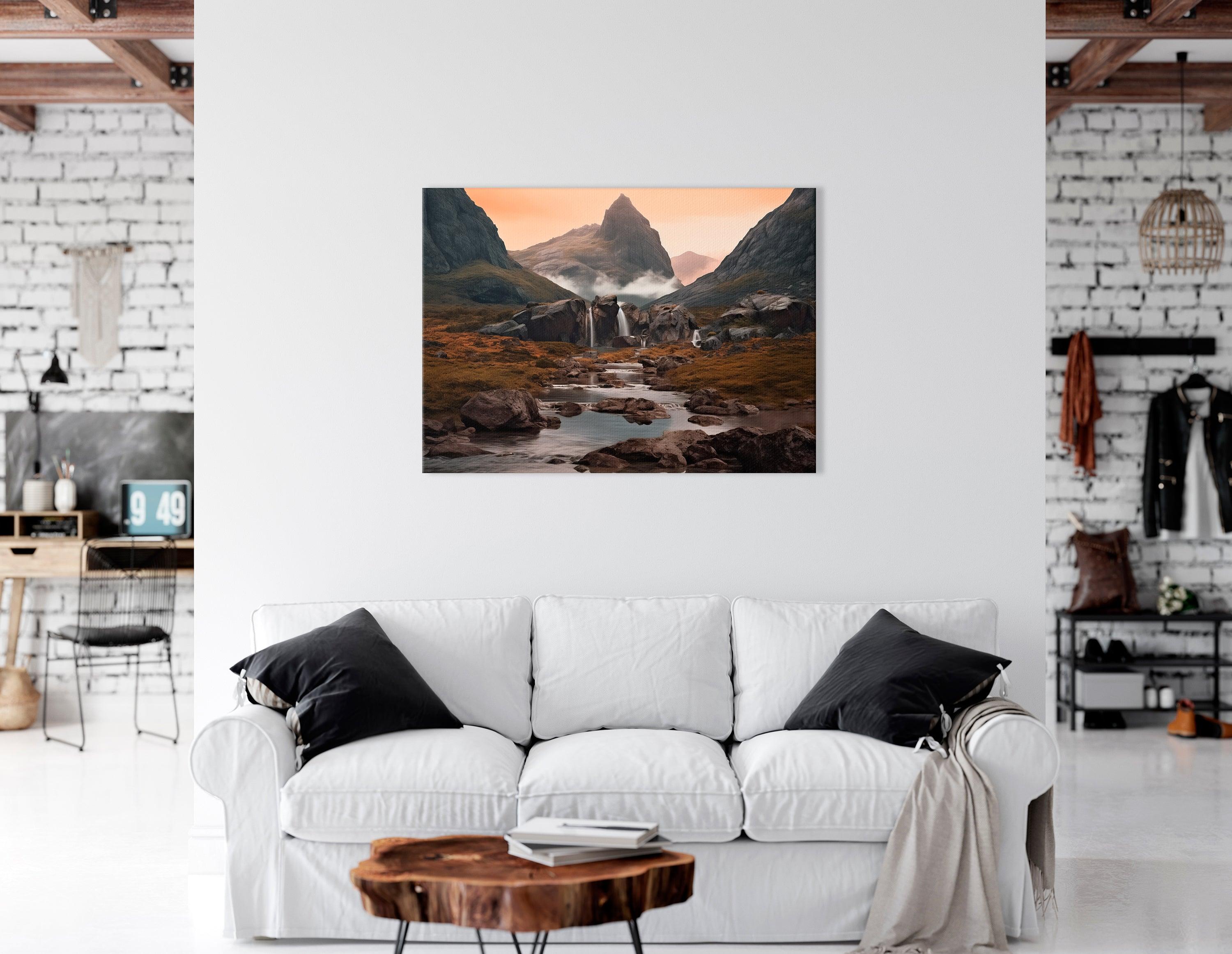 Iceland Landscape with Mountains and Waterfall - Canvas Print - Artoholica Ready to Hang Canvas Print