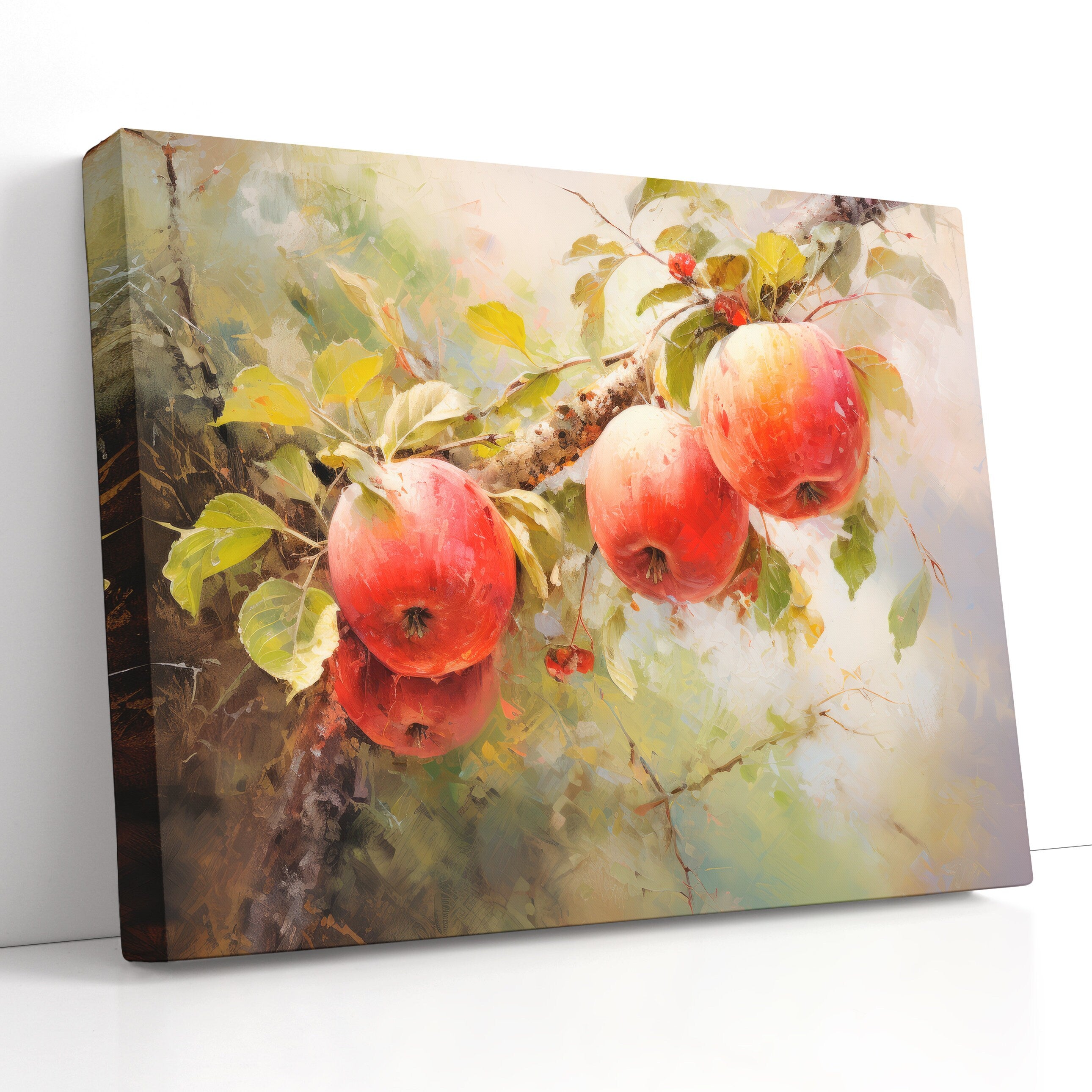 Red Apple Tree Canvas Art, Farmhouse Orchard Painting, Rustic Fruit Wall Decor, Vintage Style Artwork for Kitchen or Dining Room Wall Decor