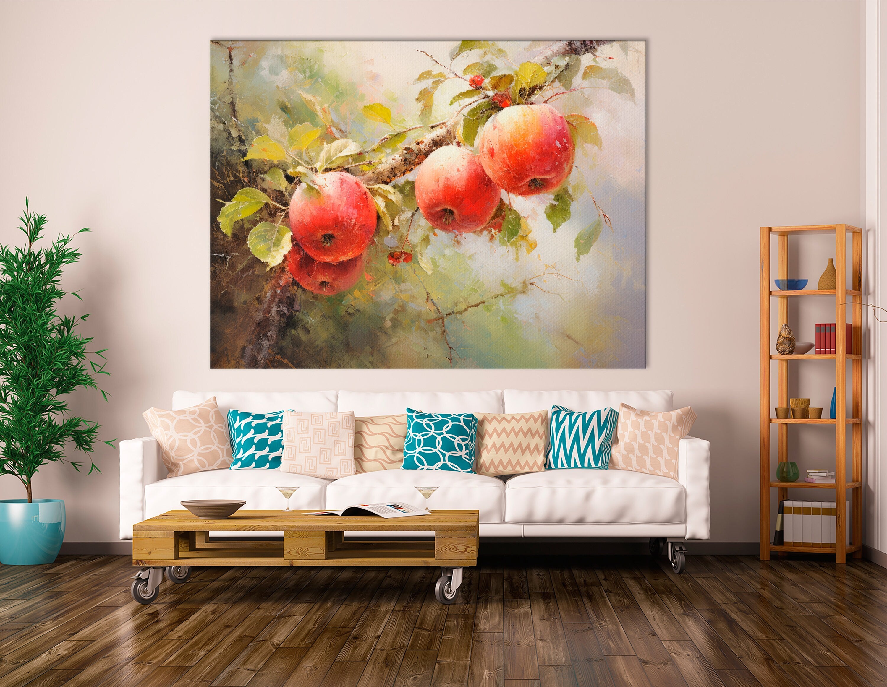 Red Apple Tree Canvas Art, Farmhouse Orchard Painting, Rustic Fruit Wall Decor, Vintage Style Artwork for Kitchen or Dining Room Wall Decor