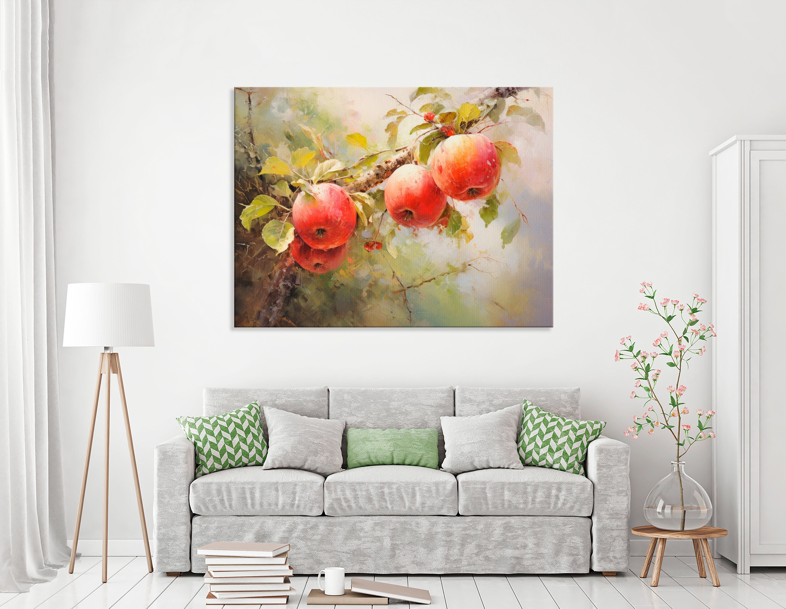 Red Apple Tree Canvas Art, Farmhouse Orchard Painting, Rustic Fruit Wall Decor, Vintage Style Artwork for Kitchen or Dining Room Wall Decor