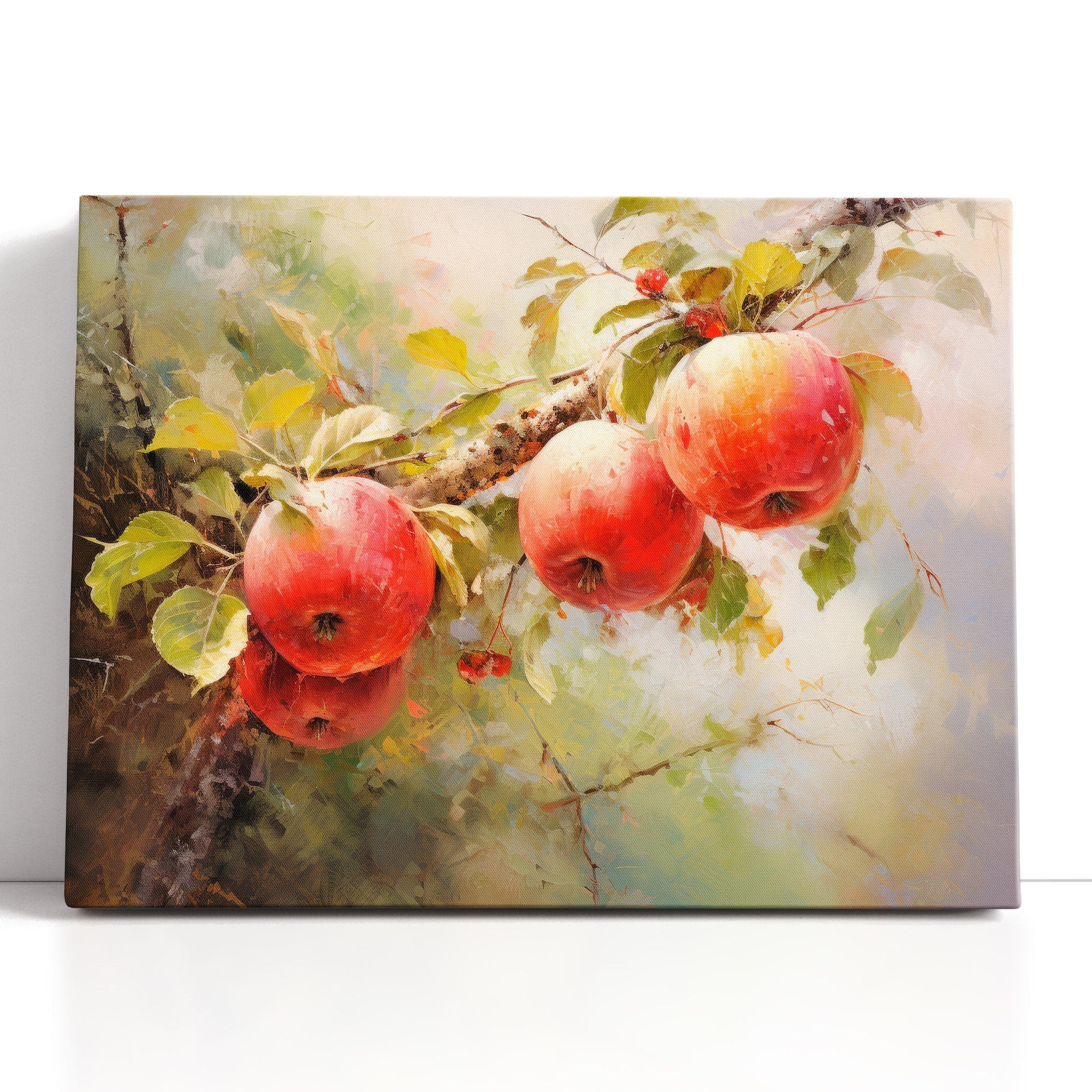 Red Apple Tree Canvas Art, Farmhouse Orchard Painting, Rustic Fruit Wall Decor, Vintage Style Artwork for Kitchen or Dining Room Wall Decor