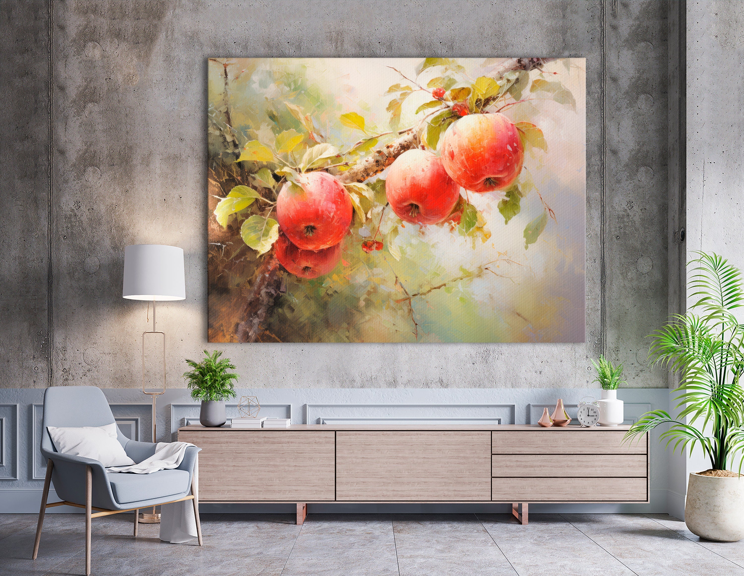 Red Apple Tree Canvas Art, Farmhouse Orchard Painting, Rustic Fruit Wall Decor, Vintage Style Artwork for Kitchen or Dining Room Wall Decor