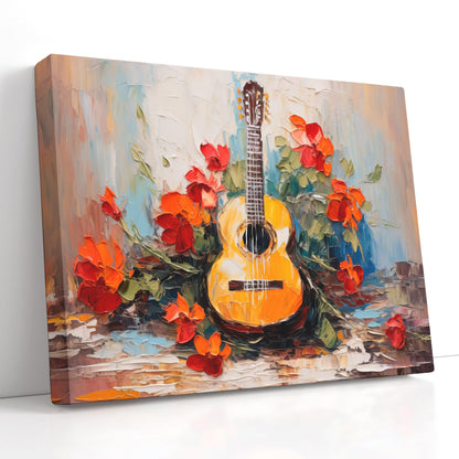 Impressionist Canvas Print of a Guitar with Red Flowers - Artoholica Ready to Hang Canvas Print