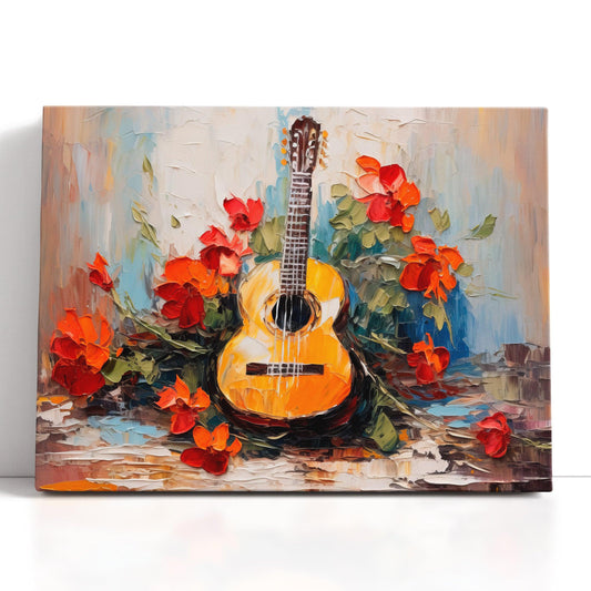 Impressionist Canvas Print of a Guitar with Red Flowers - Artoholica Ready to Hang Canvas Print