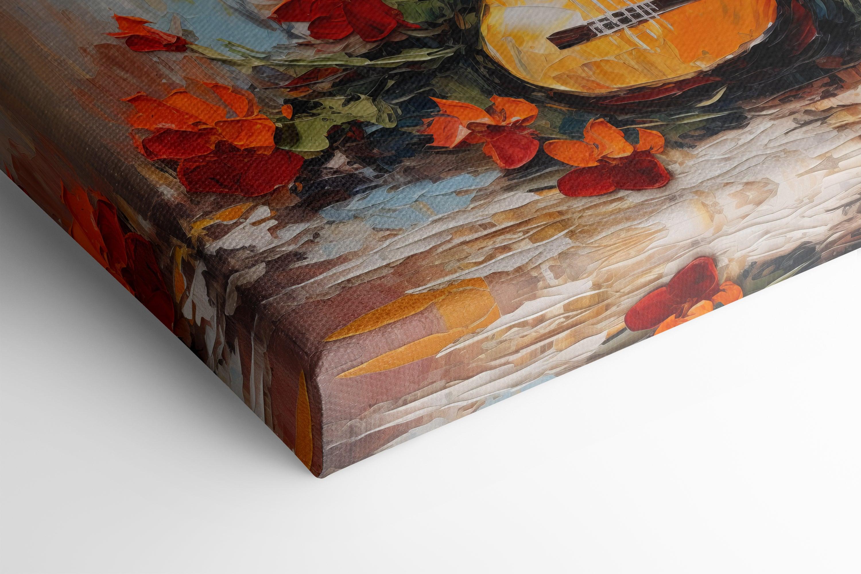 Impressionist Canvas Print of a Guitar with Red Flowers - Artoholica Ready to Hang Canvas Print