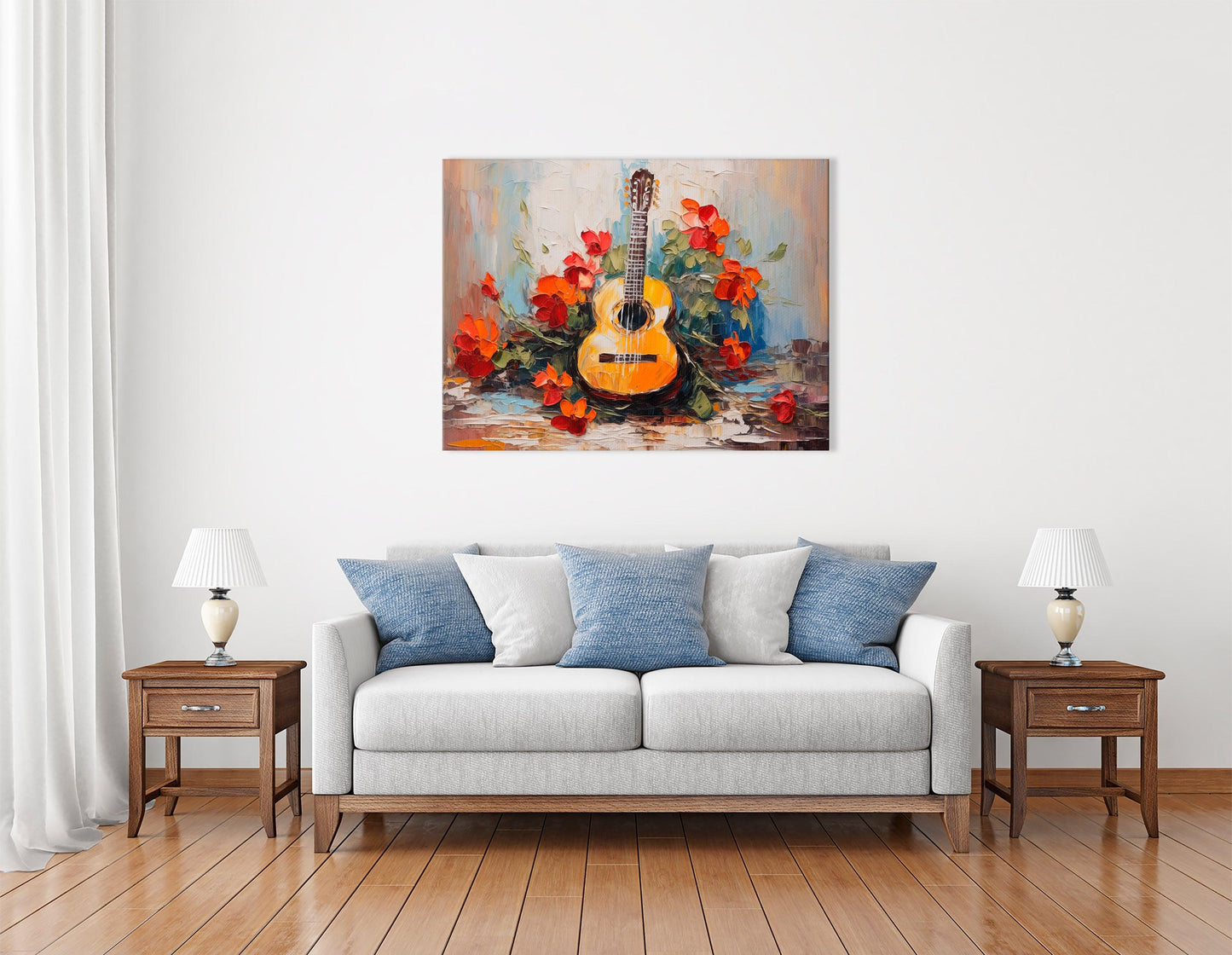 Impressionist Canvas Print of a Guitar with Red Flowers - Artoholica Ready to Hang Canvas Print