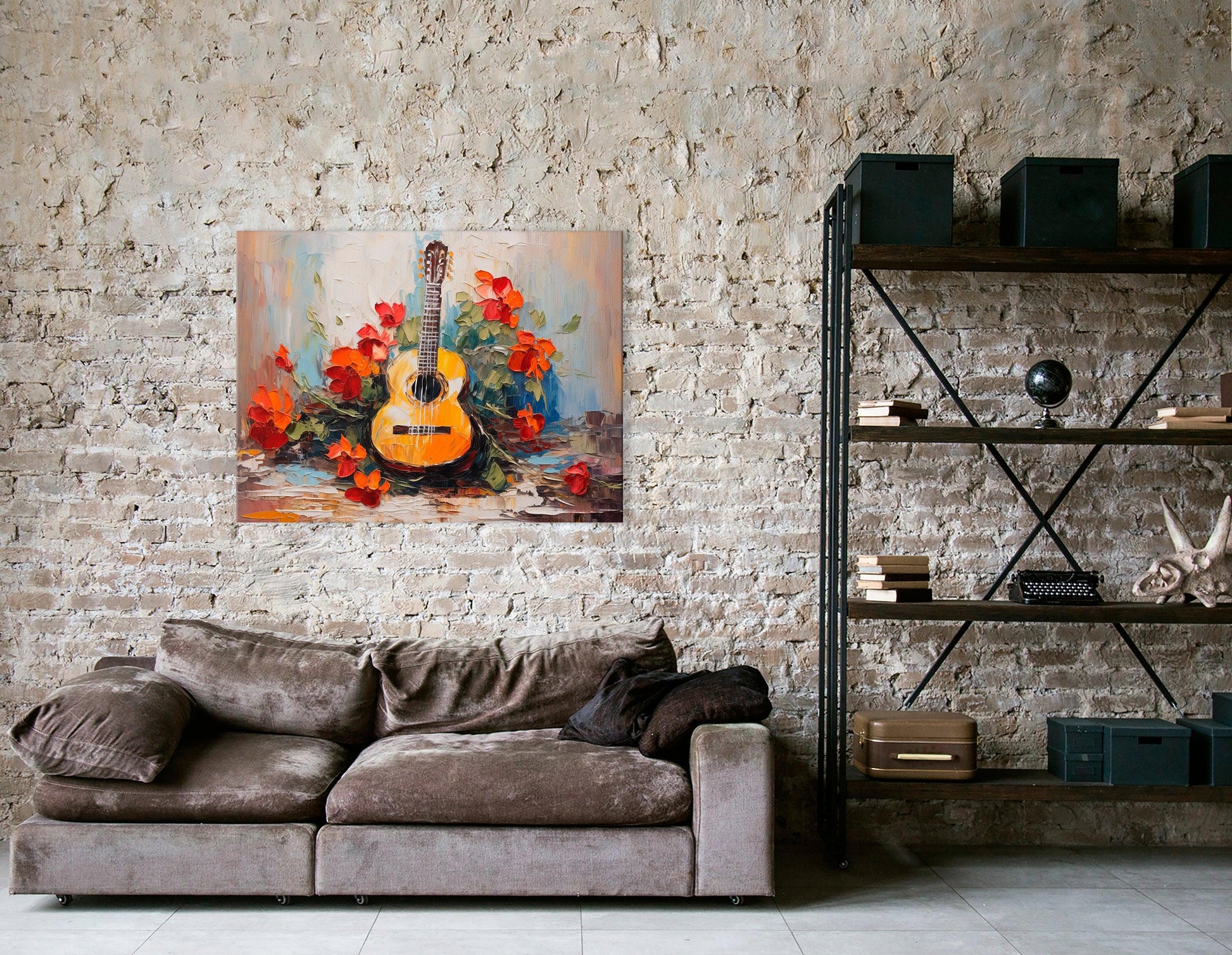 Impressionist Canvas Print of a Guitar with Red Flowers - Artoholica Ready to Hang Canvas Print