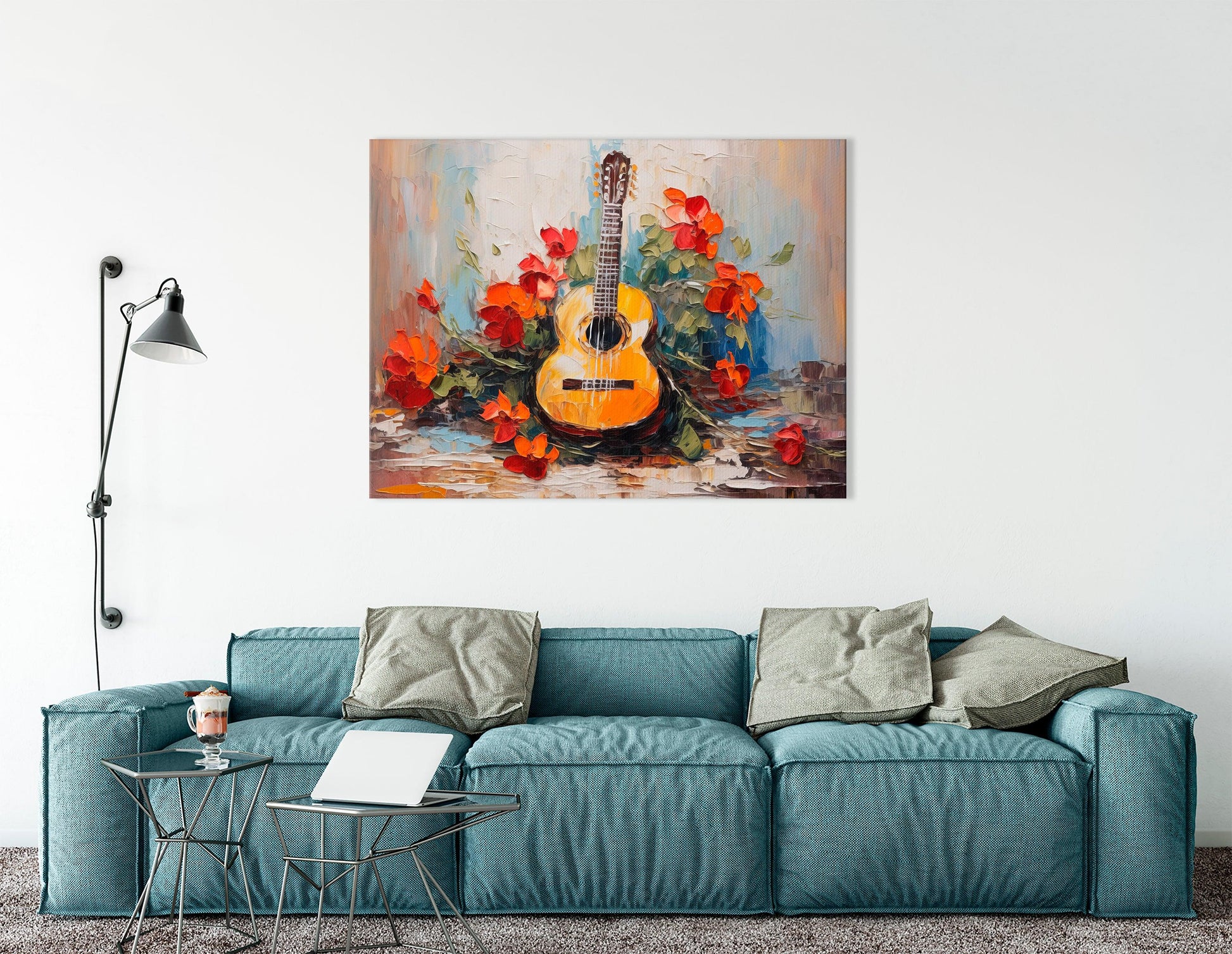 Impressionist Canvas Print of a Guitar with Red Flowers - Artoholica Ready to Hang Canvas Print